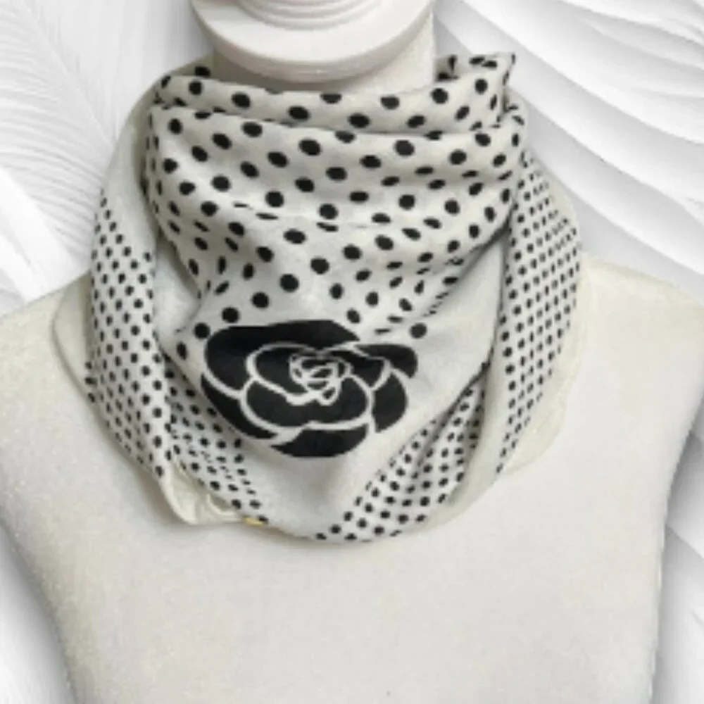Elegant Women's White Scarf with Black Polka Dots and Floral Print - Picture 3 of 7
